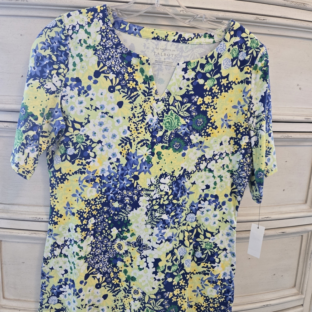 Talbots Women's Short Sleeve Floral Tee - Blue and Yellow